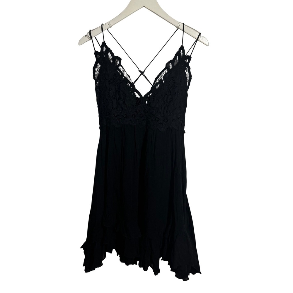 Free People FP One Black Lace Ruffle Mini Dress M Boho Strappy Back Whimsigoth